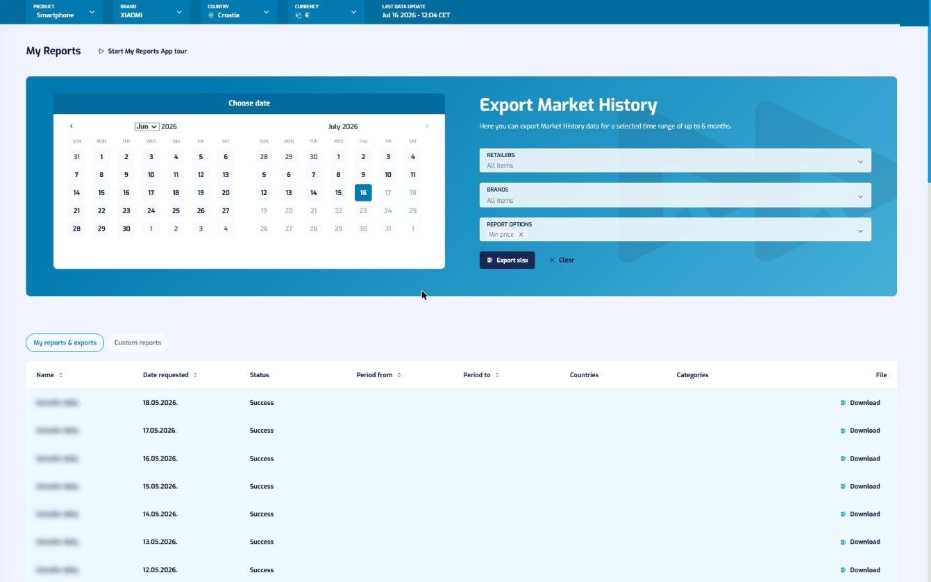 KLIKER reporting screen with report types and export options.